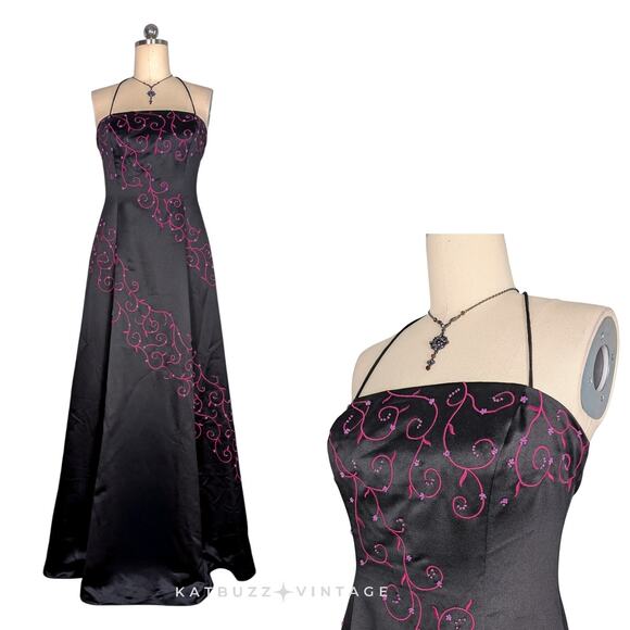 Vintage Zum Prom Dress Maxi Gown 8 Black Pink Y2K Princess Goth Satin Bead - Picture 1 of 12